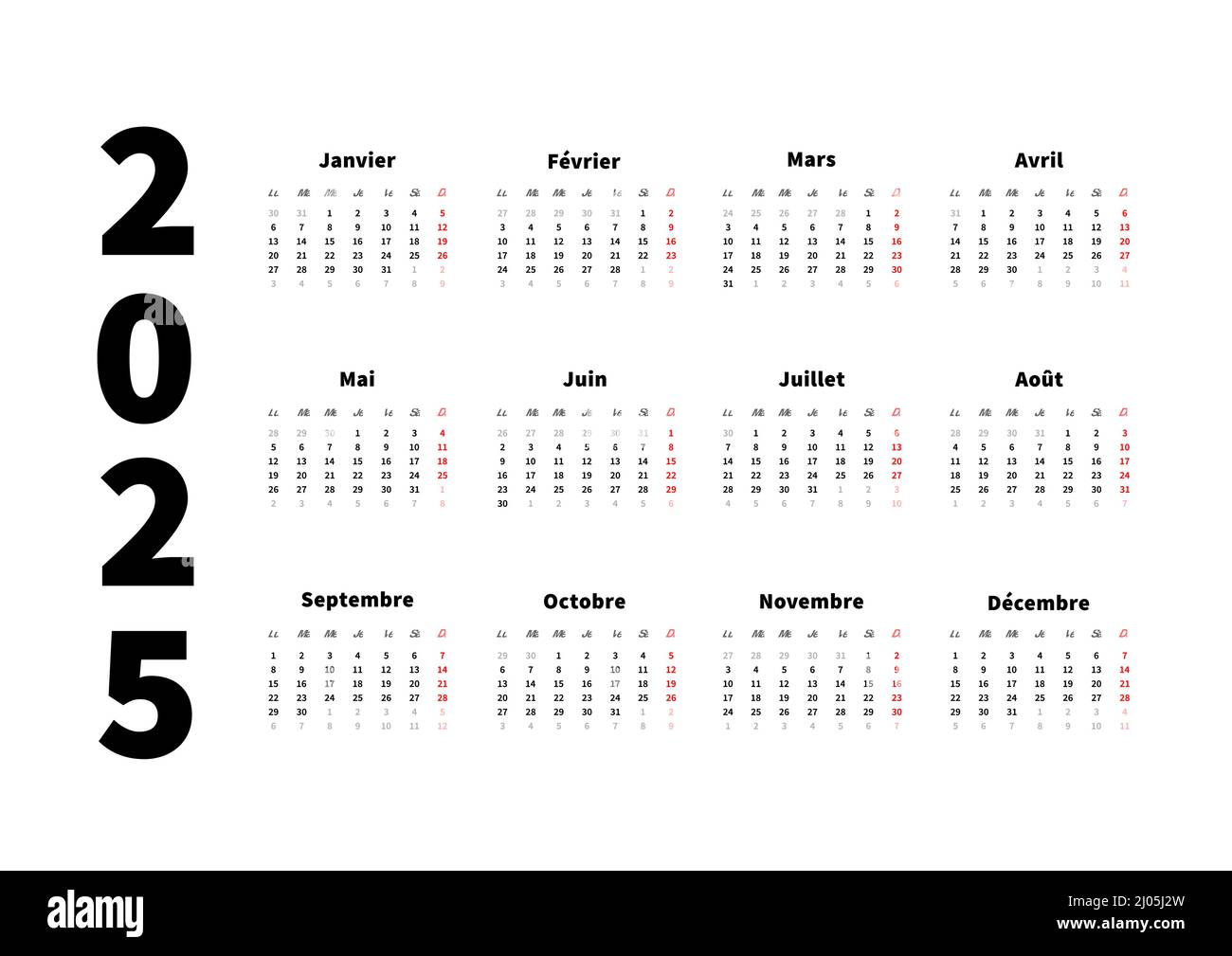 calendario horizontal simple de 2025 años en francés, calendario