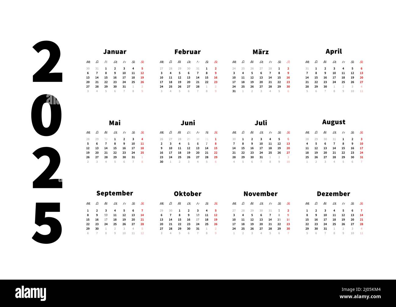 calendario horizontal simple de 2025 años en alemán, calendario