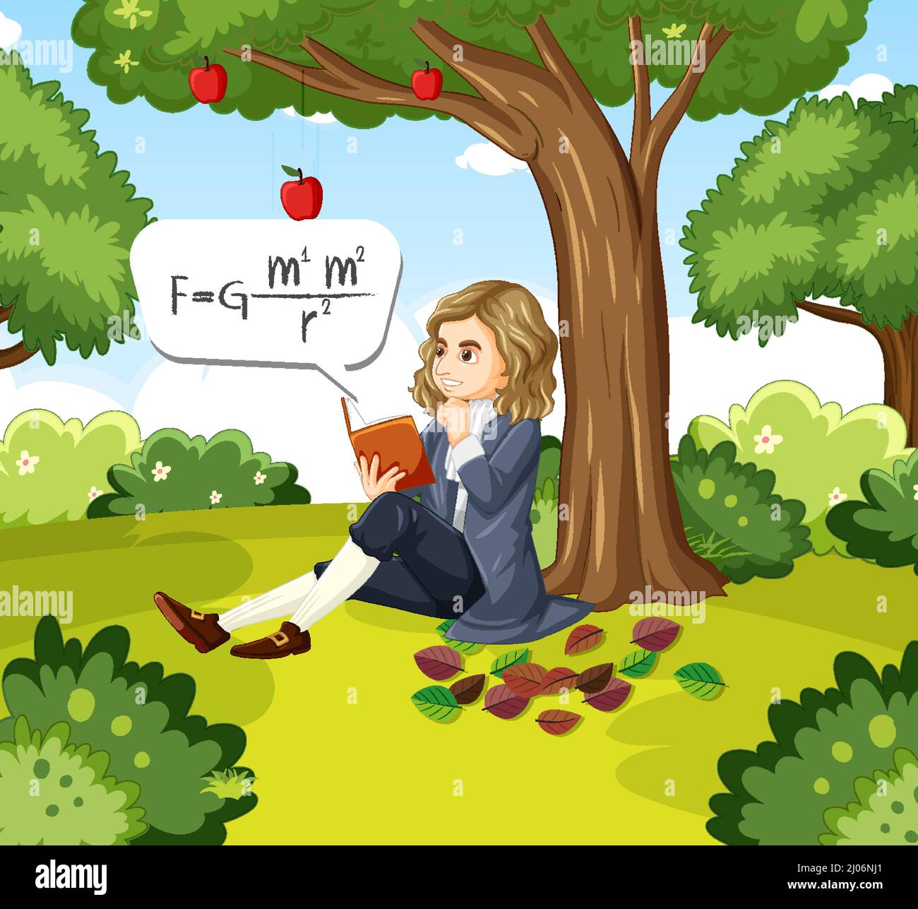 Isaac Newton sentado debajo de la ilustración del árbol de manzana Ilustración del Vector