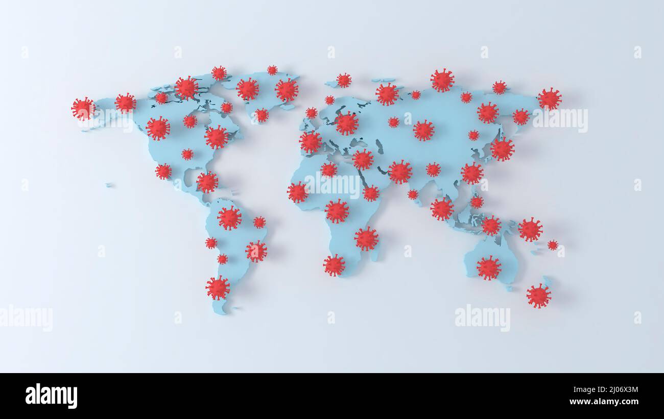 Brote de coronavirus en el mapa mundial. Partículas de virus COVID-19 sobre fondo blanco. Ejemplo de pandemia mundial 3D Foto de stock