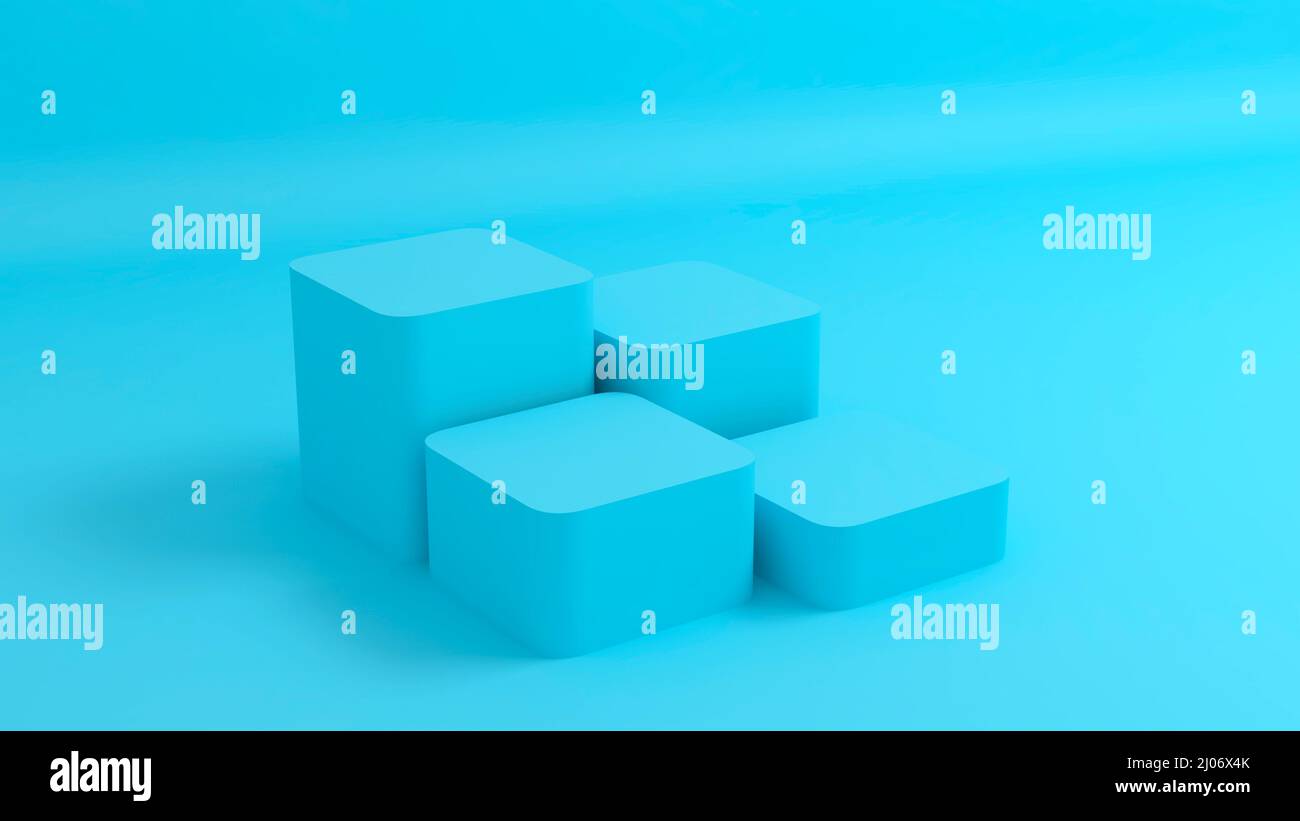 Cuatro cubos azul podio moderno 3D render Foto de stock