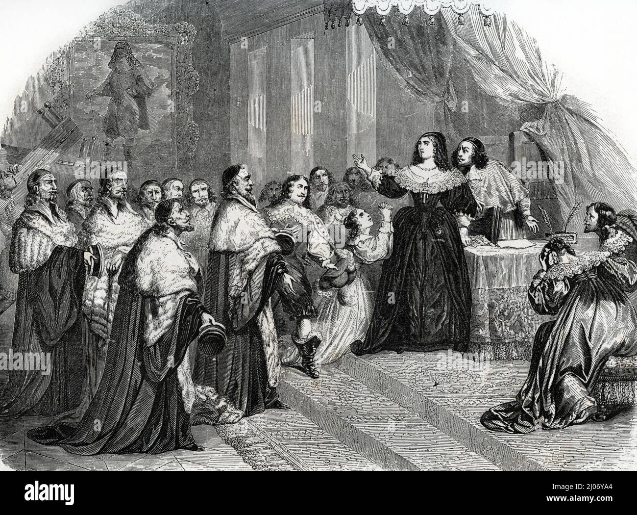 Fronde (1648-1653) : 'Le parlement de Paris se opone a la reine Anne d'Autriche (1601-1666) demande la liberation de Pierre Broussel (1575-1654) qu'elle et le cardinal Mazarin ont fait arreter le 26 aout 1648' (Fronde (1648-1653): 'El parlamento de París pide a la Reina Ana de Austria (1601-1666) que libere a Pierre Broussel (1575-1654) a quien ella y el Cardenal Mazarin habían arrestado el 26 de agosto de 1648 ' Gravure tiree de 'Louis XIV et son siecle' d'Alexandre Dumas 1851 Collection privee Foto de stock