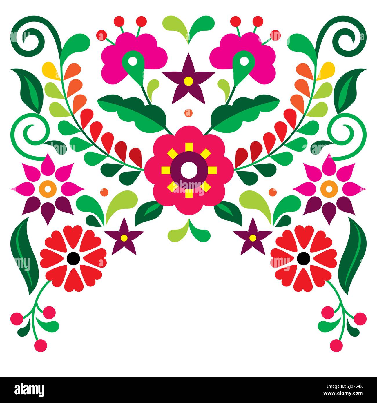 Tarjeta de felicitación de estilo tradicional de arte tradicional mexicana  con diseño de vector o invitación con flores rojas y rosadas, un vibrante  patrón inspirado en el bordado de mí Imagen Vector