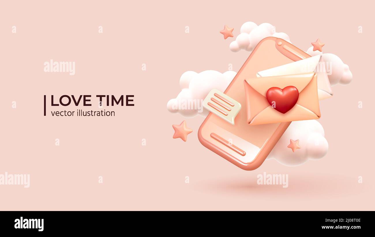 Bonito smartphone con burbujas de voz Iconos y sobre de papel con corazón rojo - concepto de amor virtual. Diseño realista 3D de correspondencia romántica. Antecedentes de vacaciones. Ilustración vectorial Ilustración del Vector