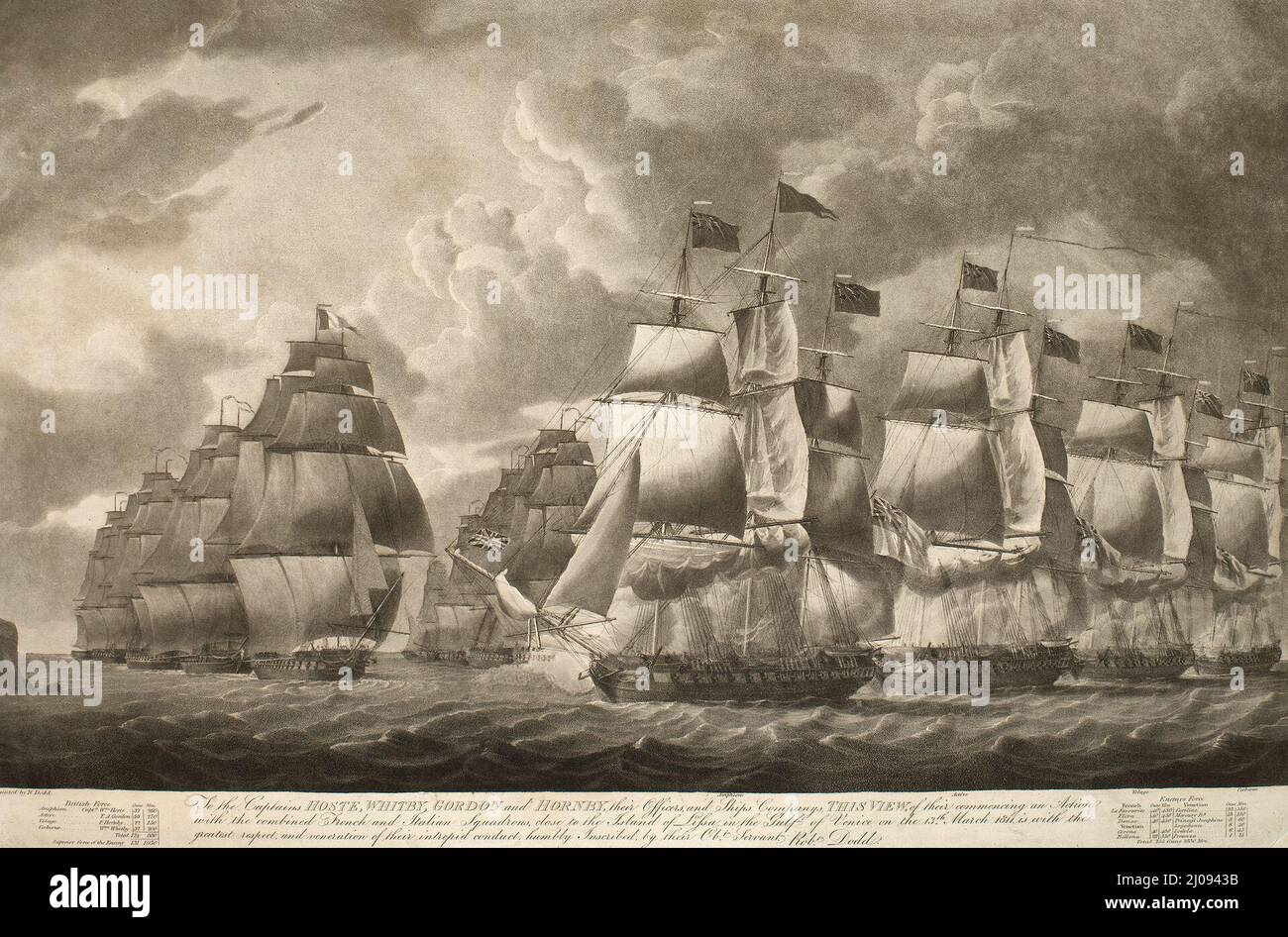 Una vista de la Batalla de Lissa (o Batalla de Vis), luchada el 13 de marzo de 1811 entre un escuadrón francés y veneciano combinado, comandado por el contralmirante Bernard Dubourdieu (1773-1811), y un escuadrón británico más pequeño, comandado por el capitán William Hoste (1780-1828), resultando en una victoria británica. Guerras napoleónicas (1803-15) Foto de stock