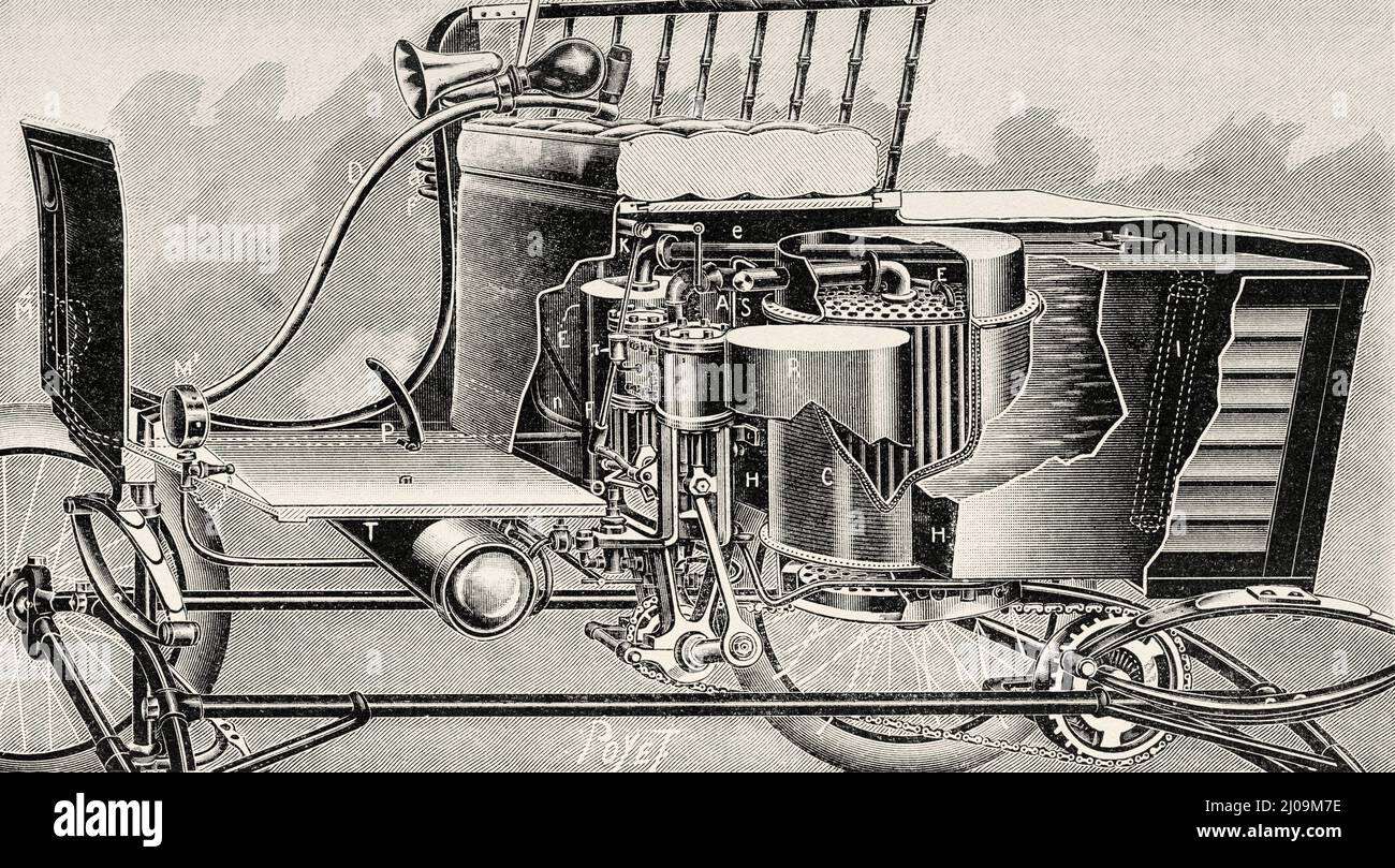 Auto de vapor Stanley Locomobile, 1899. Antigua ilustración del siglo 19th grabada de La Nature 1899 Foto de stock