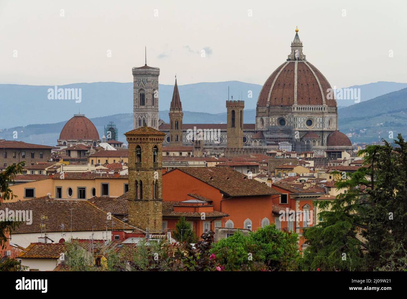 Vista de la Catedral de Florencia y el campanario de Gitto, Florencia, región Toscana, Italia Foto de stock