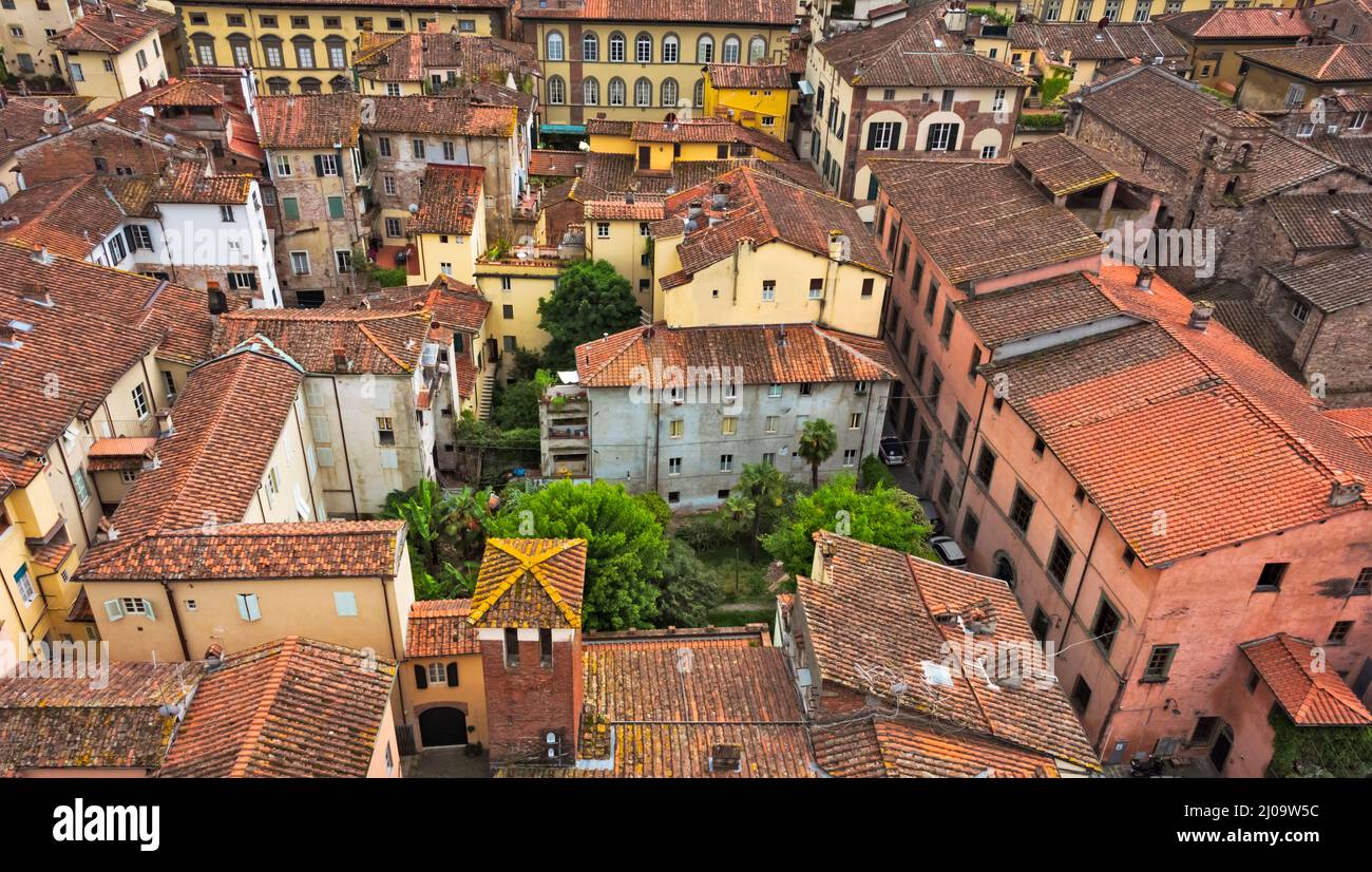 Vista de las casas de techo rojo de Lucca, la provincia de Lucca, la región de Toscana, Italia Foto de stock