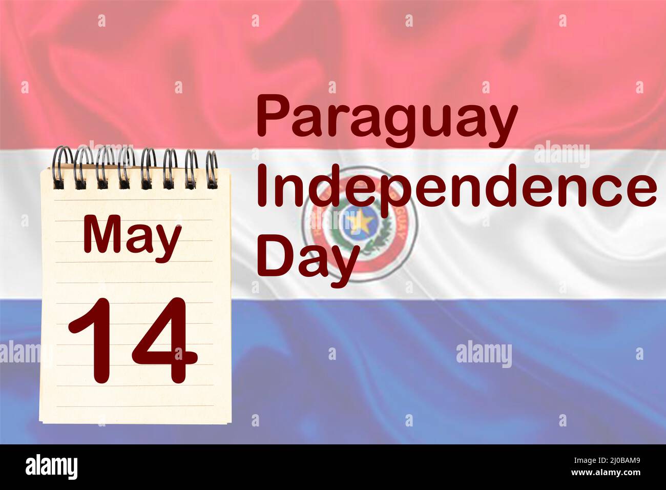 La celebración del Día de la Independencia de Paraguay con la bandera y el calendario que indica el 14 de mayo Foto de stock