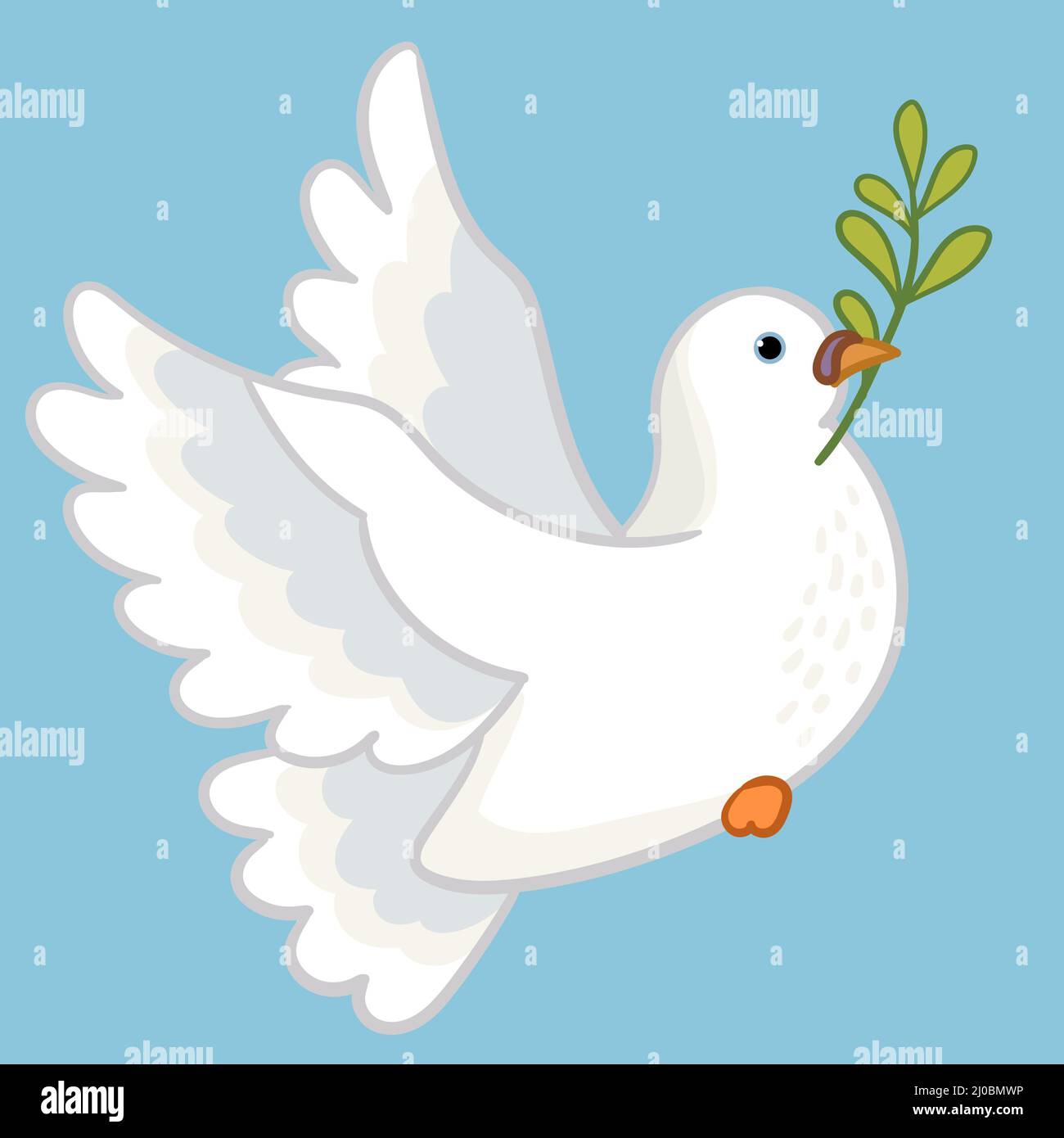 Lindo dibujo animado volando pájaro blanco paloma con una ramita de una  planta en su pico. Lindo paloma de paz aislado sobre fondo azul. Dibujo  gráfico de dibujos animados Imagen Vector de
