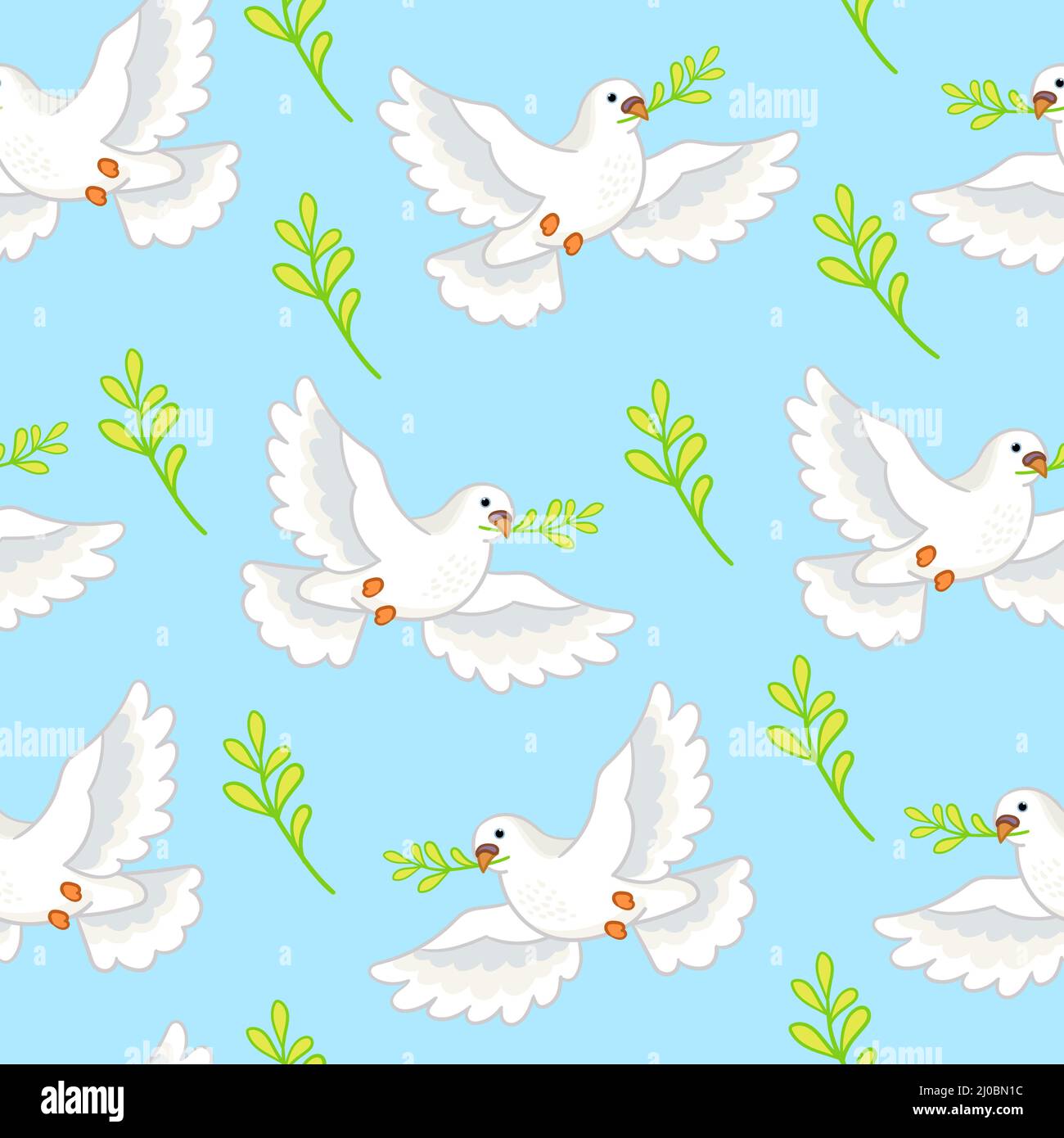 Diseño sin costuras con lindo dibujo animado volando pájaro blanco paloma  con una ramita de una planta en su pico. Lindas palomas de paz sobre fondo  azul. Dibujo de dibujos animados d