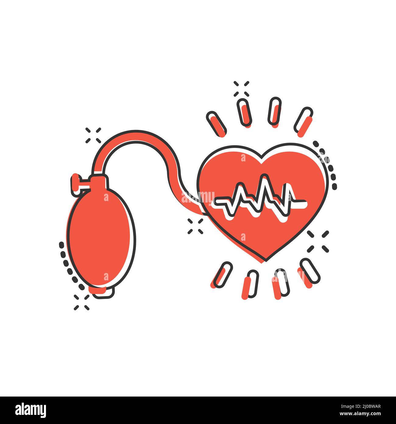 Icono de presión arterial en estilo cómic. Ilustración de vectores de  dibujos animados del monitor de latidos del corazón sobre fondo aislado.  Signo de efecto de pique de diagnóstico de pulso Imagen