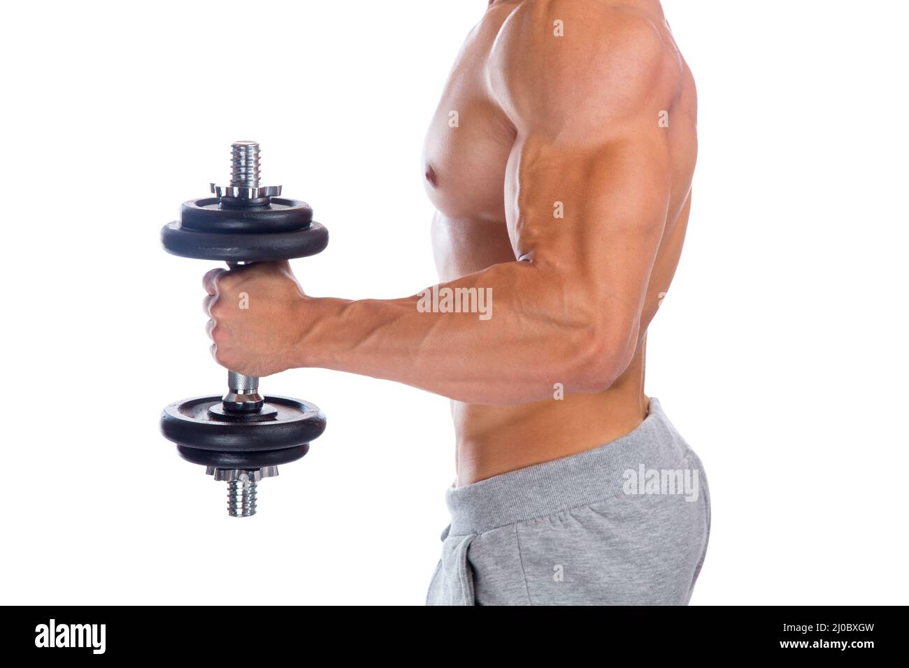 Potencia fuerte muscular bíceps brazo bodybuilder musculos musculos musculación placa libre de pesas Foto de stock