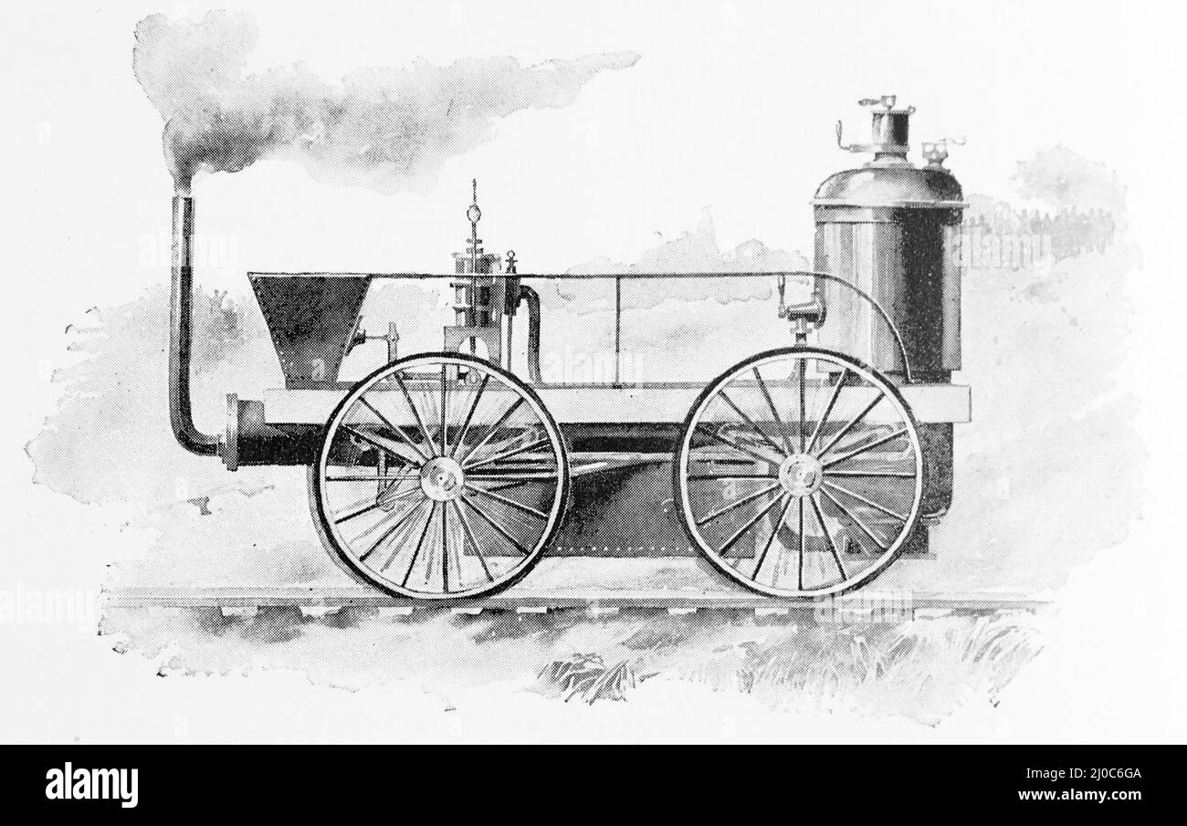 La Novedad Locomotive Steam Locomotive construida por John Ericsson en 1829 para competir con Stephenson's Rocket. Ilustración en blanco y negro; Foto de stock