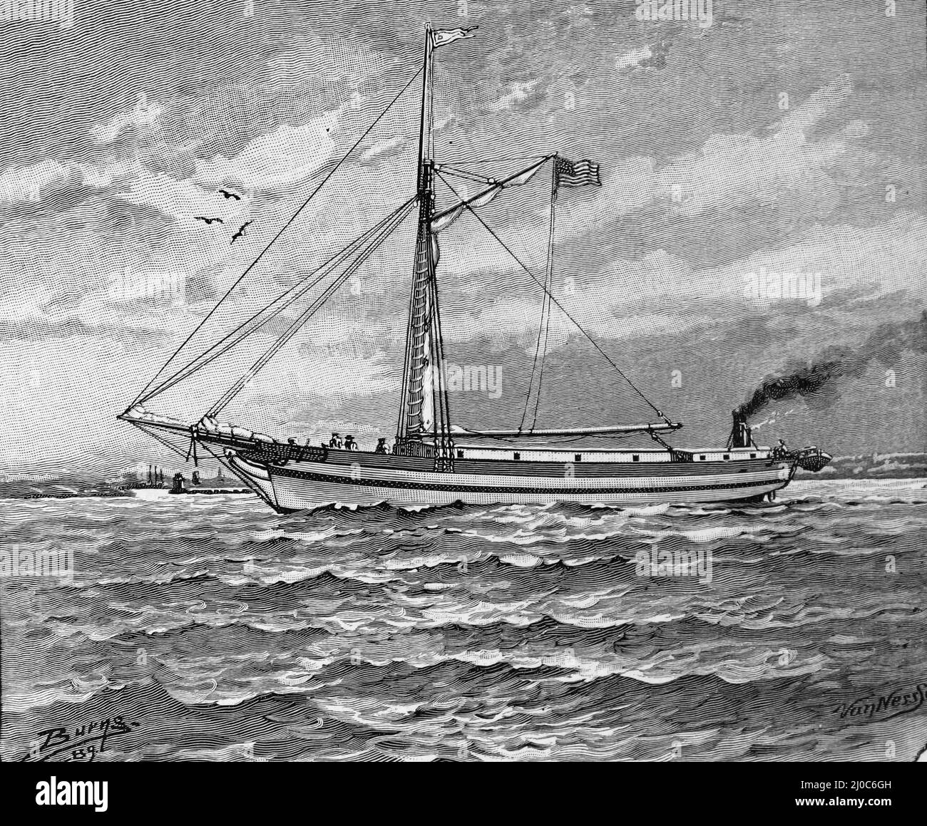 El barco impulsado por hélice de vapor VanDalia en los Grandes Lagos de América del Norte; alrededor de 1889; diseñado por John Ericsson Ilustración en blanco y negro; Foto de stock