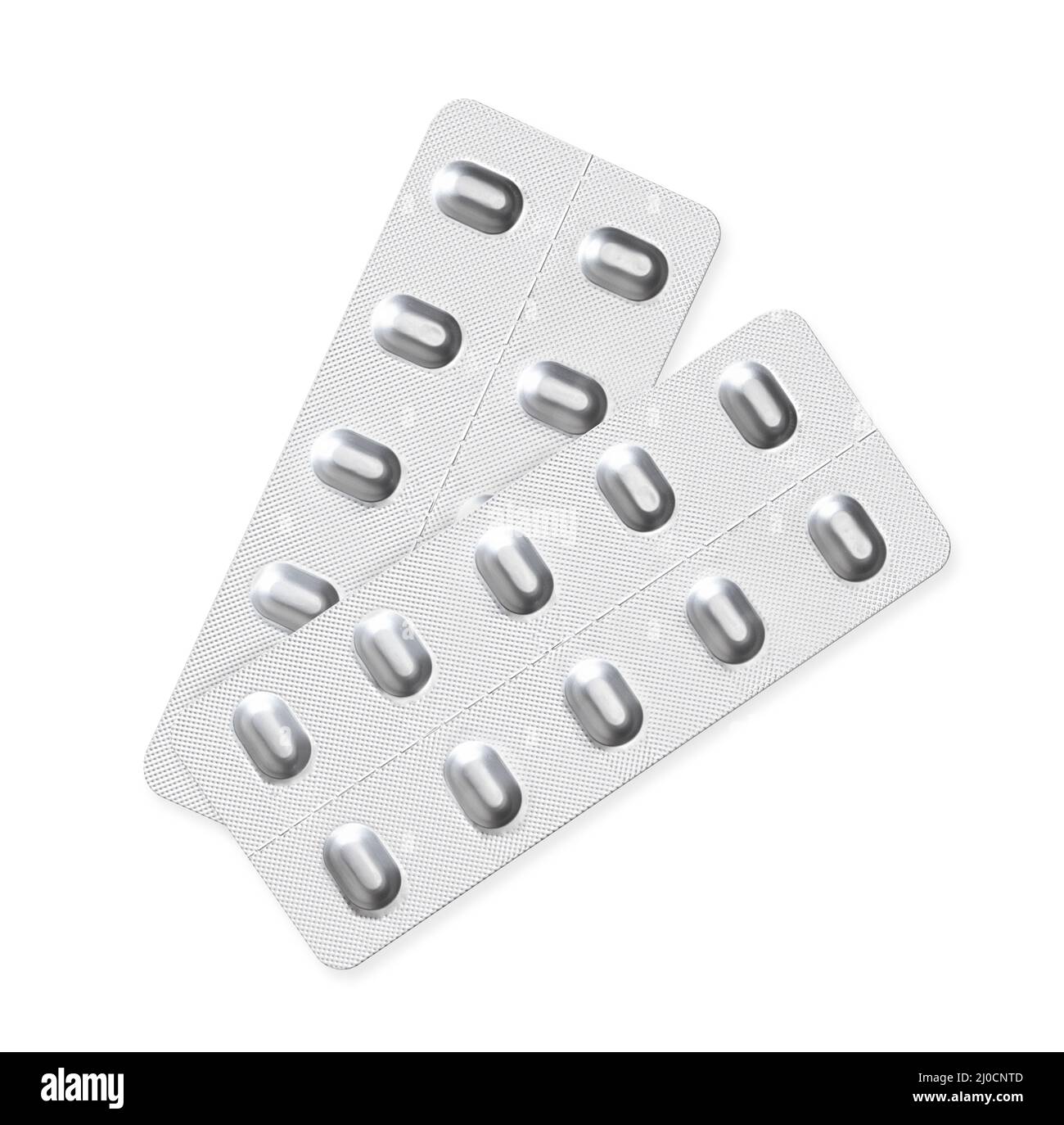 Tabletas aisladas en envase blíster o en envase de pastillas. Dos dispensadores de 10 pastillas de aluminio plateado utilizados para medicamentos, medicamentos y vitaminas. Foto de stock