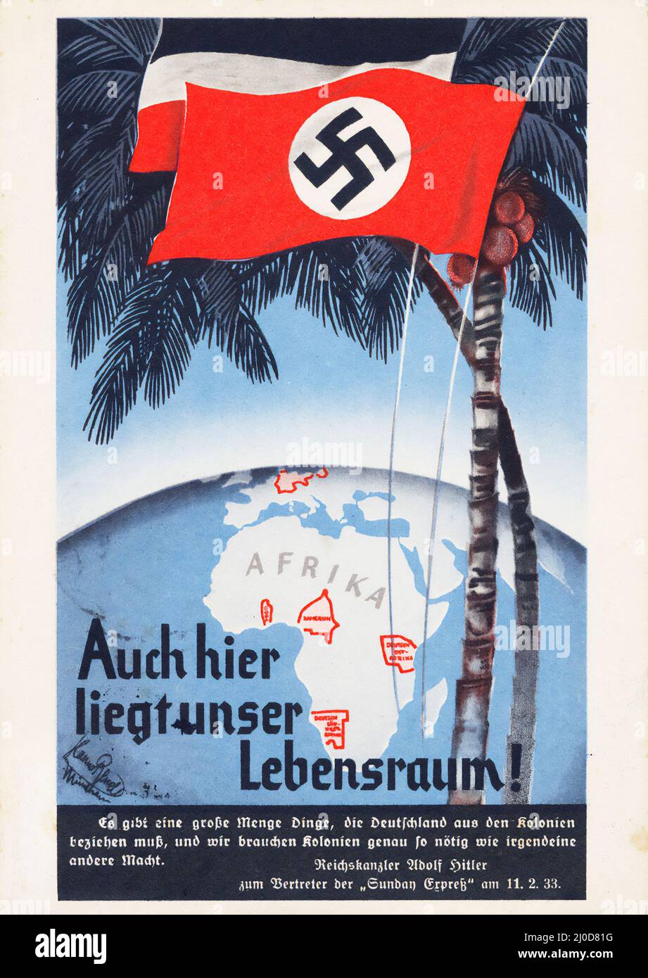 Propaganda nazi: Exposición colonial alemana - Propagandakarte des Reichskolonialbundes Afrika Kolonien Fahnen (colonias africanas). Aprox. 1933–1935. Foto de stock