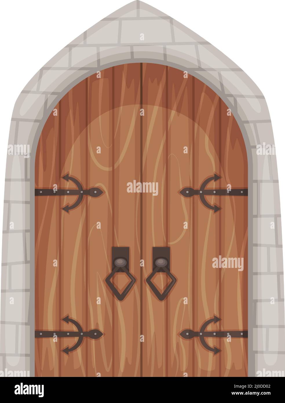 Puertas de entrada al castillo medieval de dibujos animados y puerta de  mazmorras. Antiguas puertas de madera con piedra rodean, castillos antiguos  puerta o puerta de vector conjunto. Puertas de arco gótico