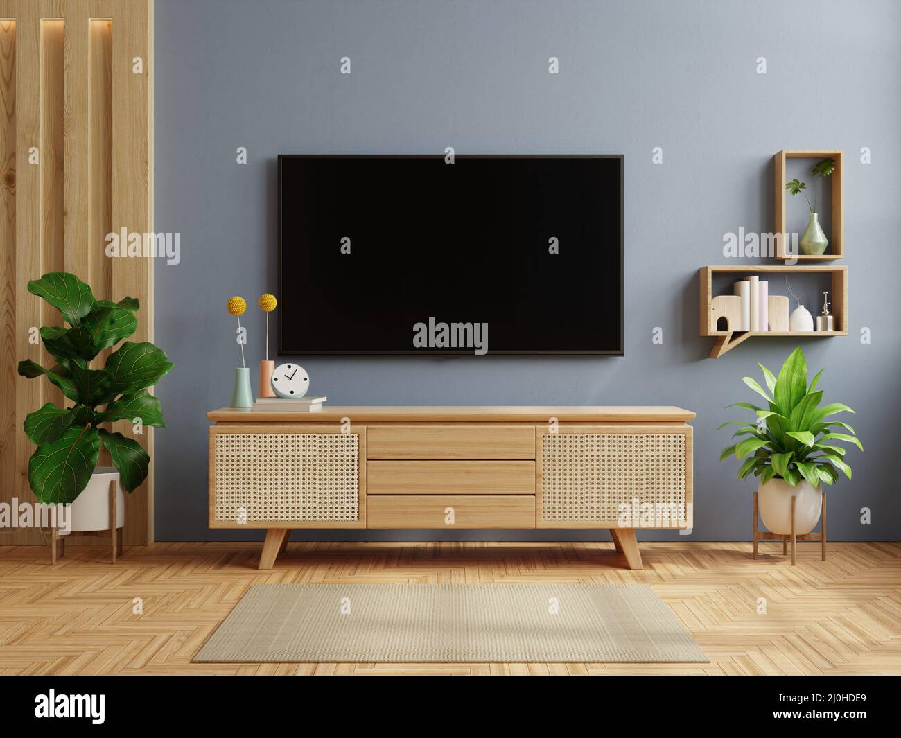 Fondo de pared de color azul oscuro, decoración moderna sala de estar con tv  y presentación de cabinet.3D Fotografía de stock - Alamy