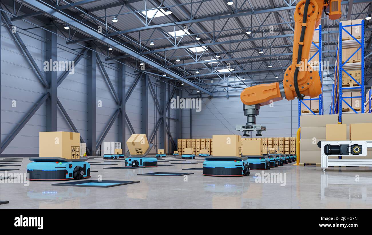 Brazo robótico para embalar con la producción y mantenimiento de sistemas logísticos mediante la representación automática de vehículos guiados (AGV).3D Foto de stock