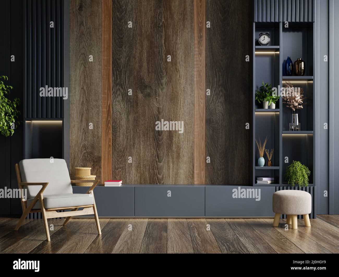 Smart tv montado colgado en la pared de paneles de madera en la sala de  estar en el interior moderno 3d render ilustración