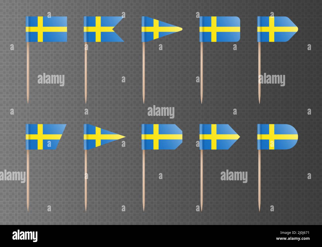 Banderas de palillo sueco aisladas sobre un fondo transparente oscuro. Ilustración del Vector