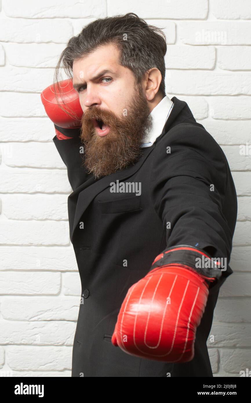 Hombre con guantes. boxeador en ropa deportiva. chico con barba.