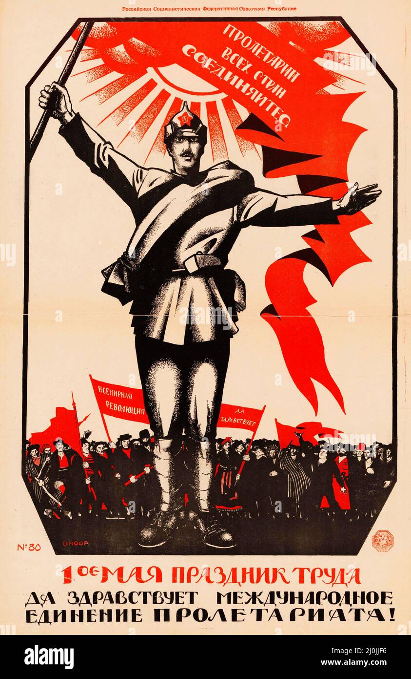El primero de mayo es el Día del Trabajo. ¡Viva la unidad internacional del proletariado! 1920. Cartel vintage de Dmitry Moor (1883–1946) Foto de stock