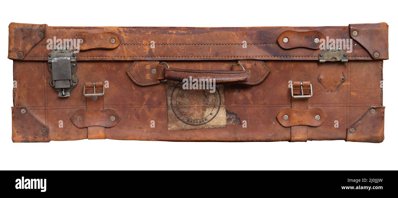 Retro Vintage Old Brown Suitcase o equipaje aislado en un fondo blanco Foto de stock