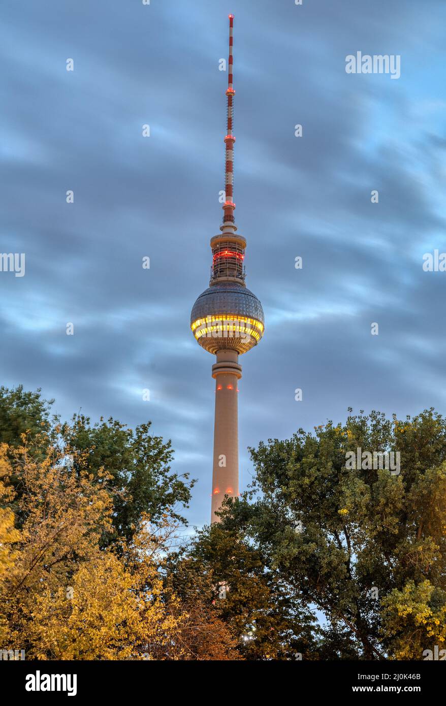 La famosa torre de televisión de Berlín al amanecer vista a través de algunos árboles Foto de stock
