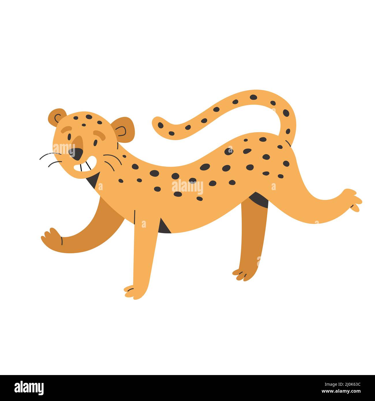 Lindo jaquar sonriente, exótico animal de la selva, fauna africana, ilustración de vector plano, arte de clip vectorial aislado en blanco Ilustración del Vector