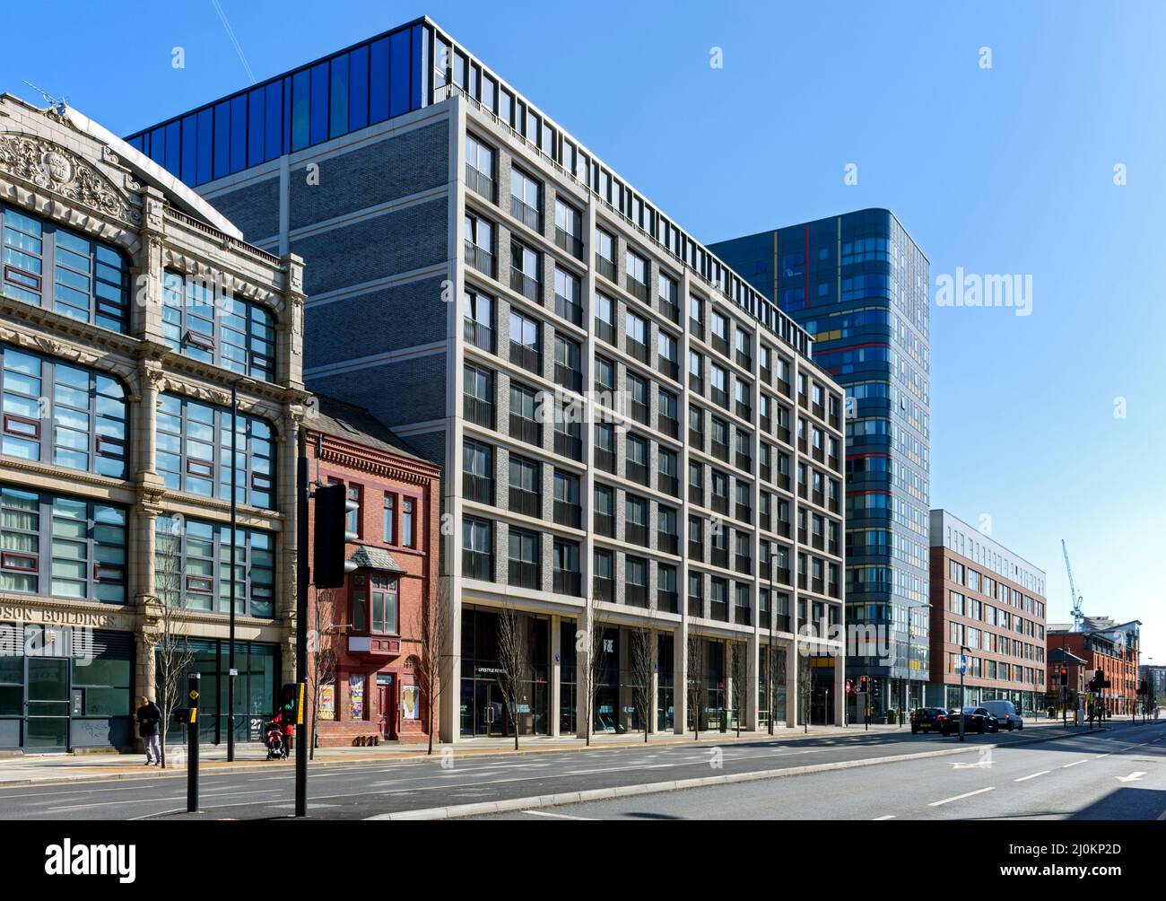 El bloque de apartamentos Blossom Street, de Great Ancoats Street, Ancoats, Manchester, Inglaterra, Reino Unido. Arquitectos Tim Groom. Foto de stock