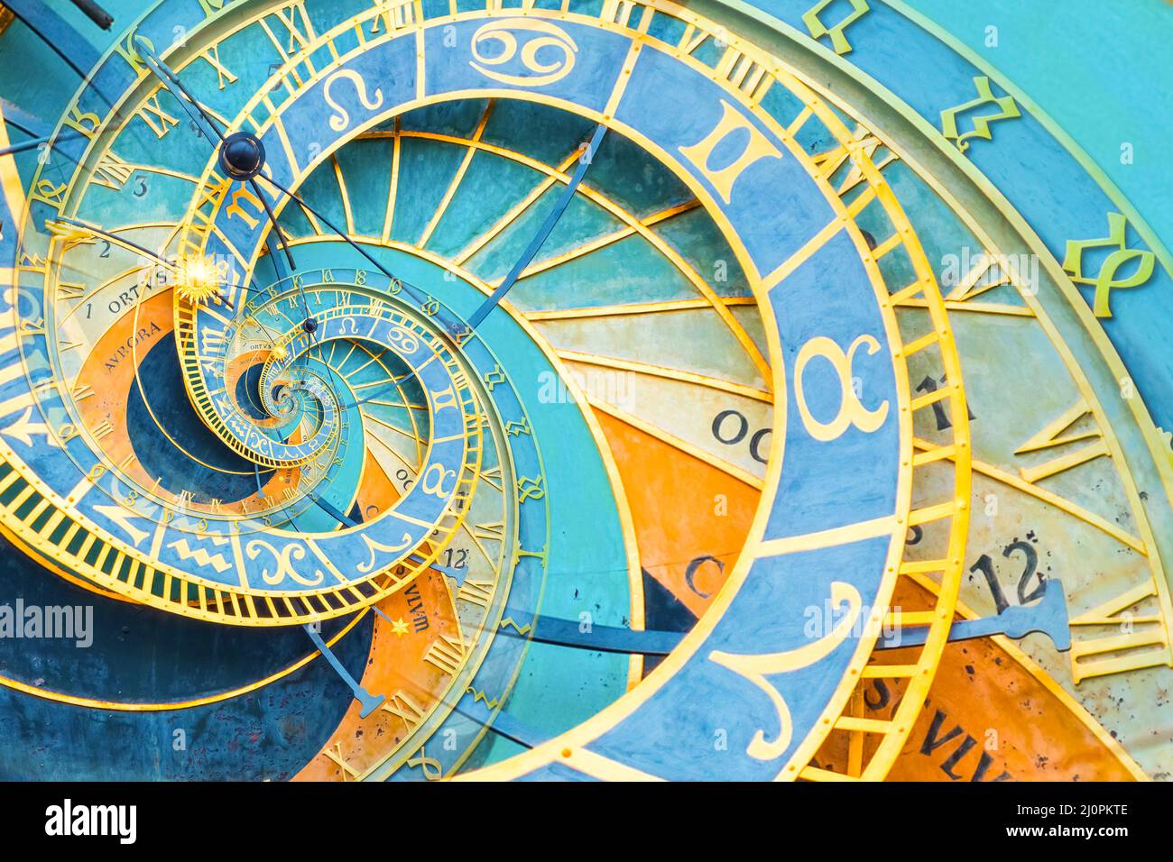 Efecto Droste fondo basado en el reloj astronómico de Praga. Diseño abstracto para conceptos relacionados con la astrología y la fantasía. Foto de stock