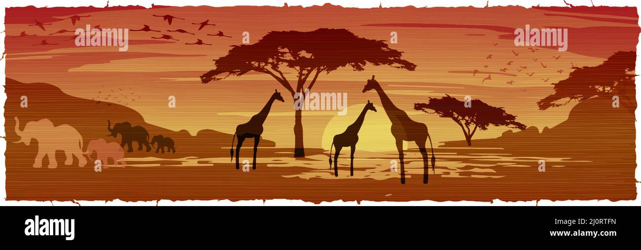 Paisaje de sabana africana al atardecer, Silhouettes de animales y plantas, naturaleza de África. Reservas y parques nacionales, fondo batik vector Ilustración del Vector