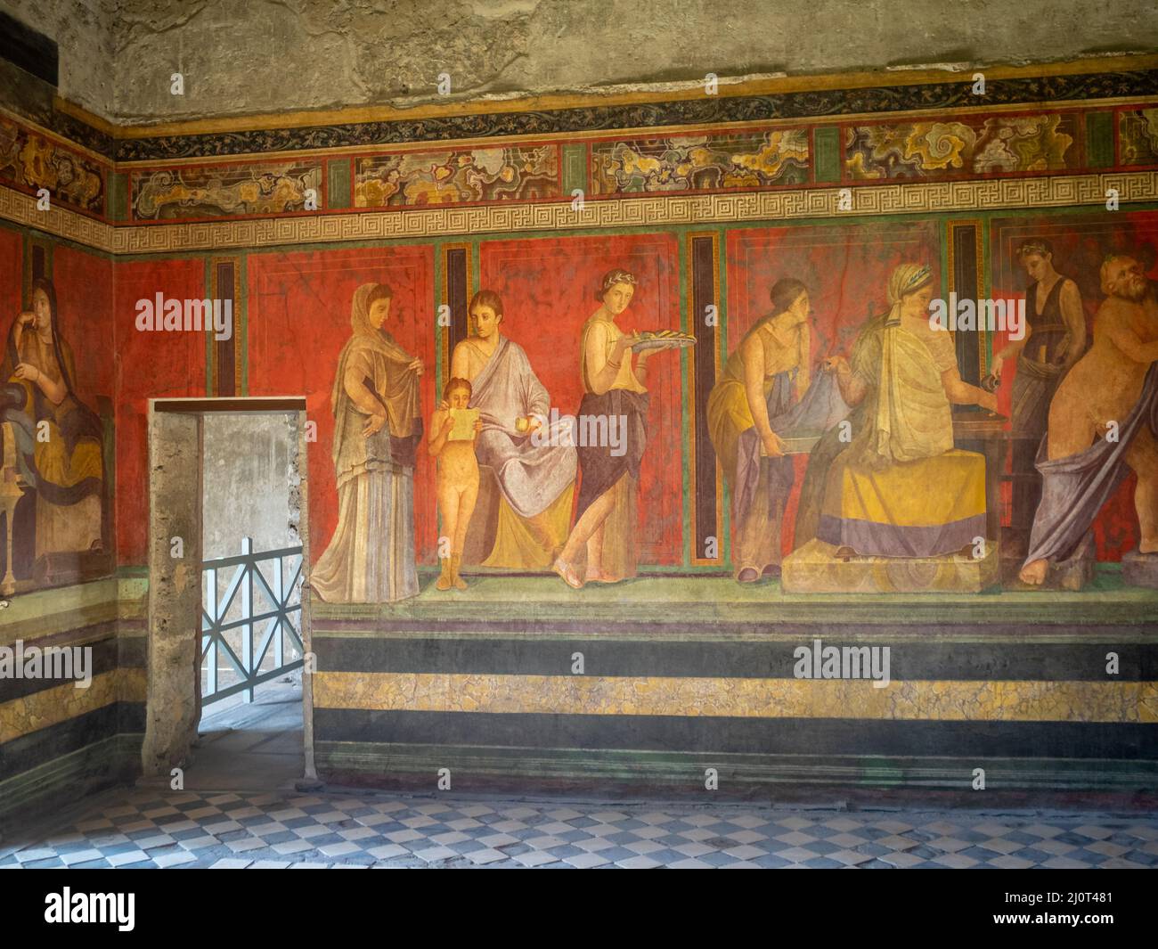 Detalle de la sala de misterios frescos de Villa dei Misteri, Pompeya Foto de stock