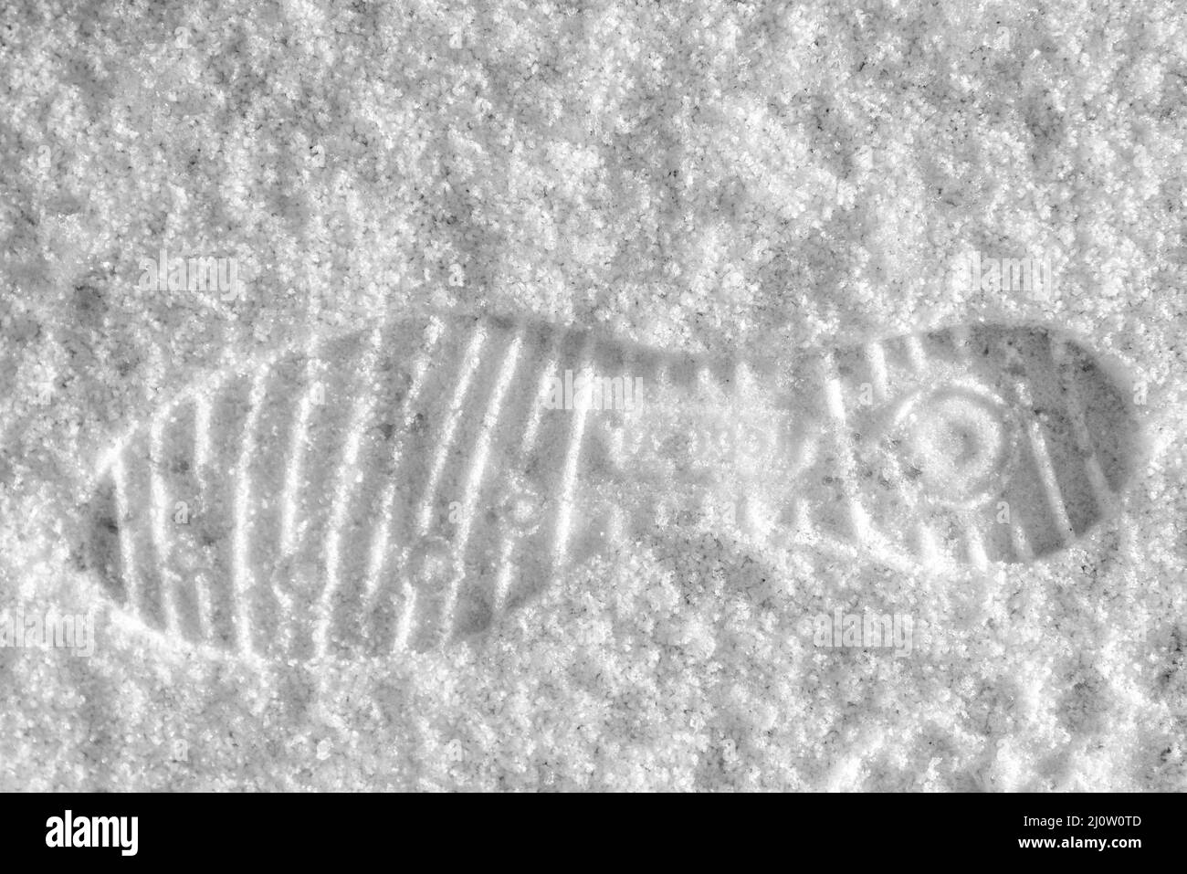 Estampado de zapatillas en la nieve: Pasos blancos y negros Foto de stock