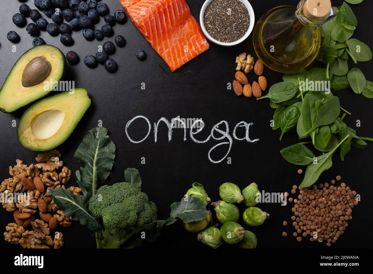Antecedentes saludables de alimentos con buenas fuentes de grasa, ingredientes ricos en ácidos grasos Omega Foto de stock