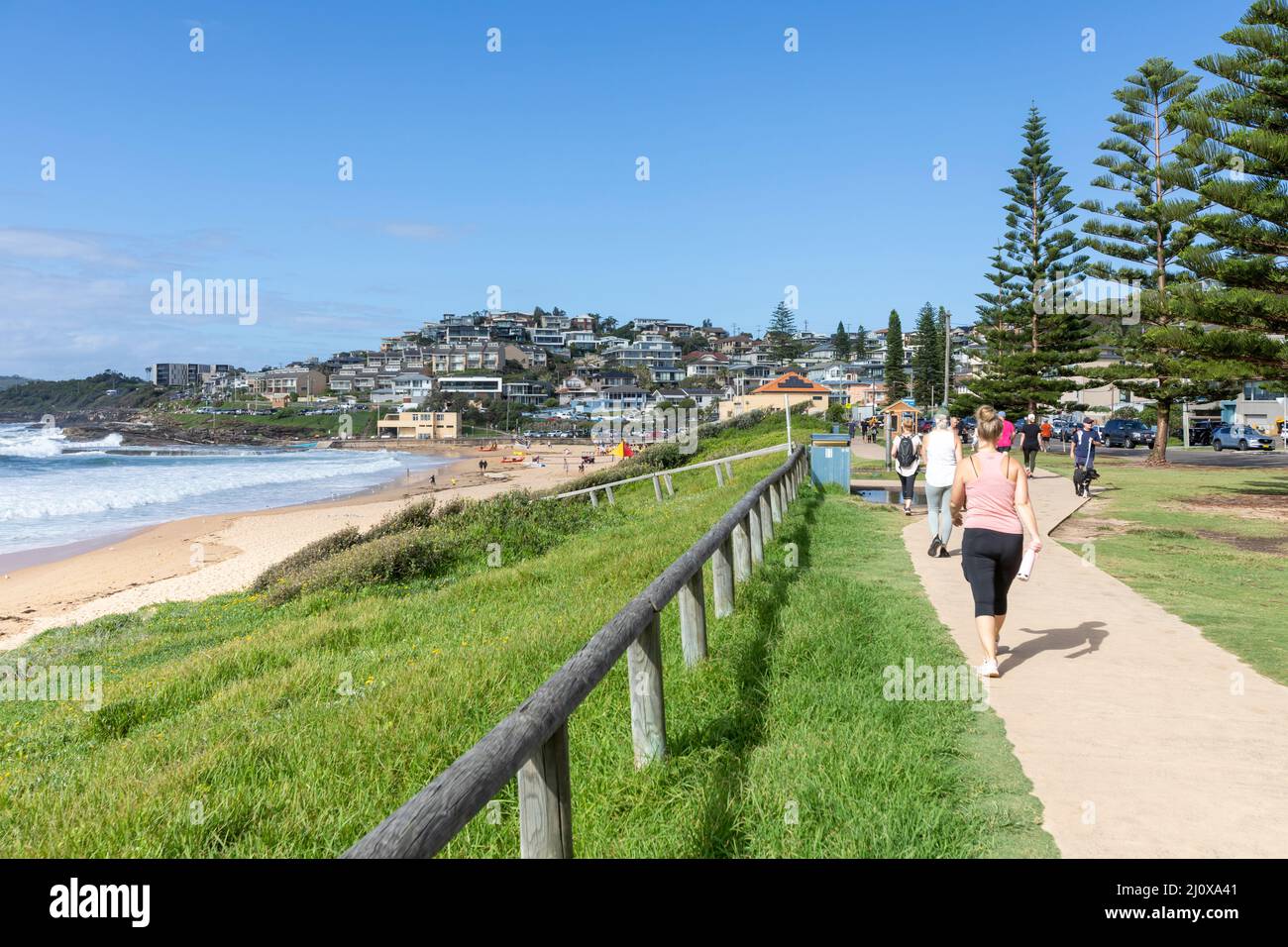 Dee ¿Por qué Curl Curl paseo costero que va a Freshwater, la gente que se acerca al suburbio de Sydney de Curl Curl caminar al sur, Sydney,NSW,Australia Foto de stock
