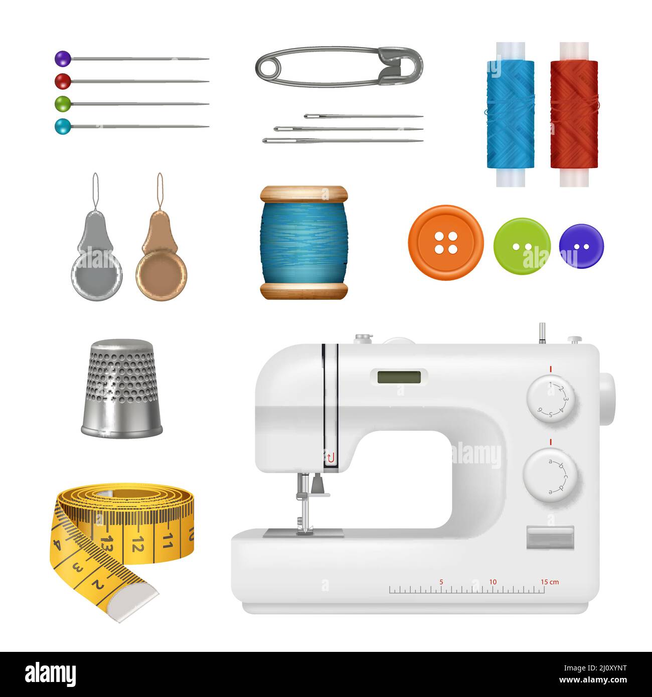 Máquina de coser. Kit de costura realista elementos de colección de  producción profesional agujas hilos alfileres centímetro decente vector  imágenes conjunto Imagen Vector de stock - Alamy
