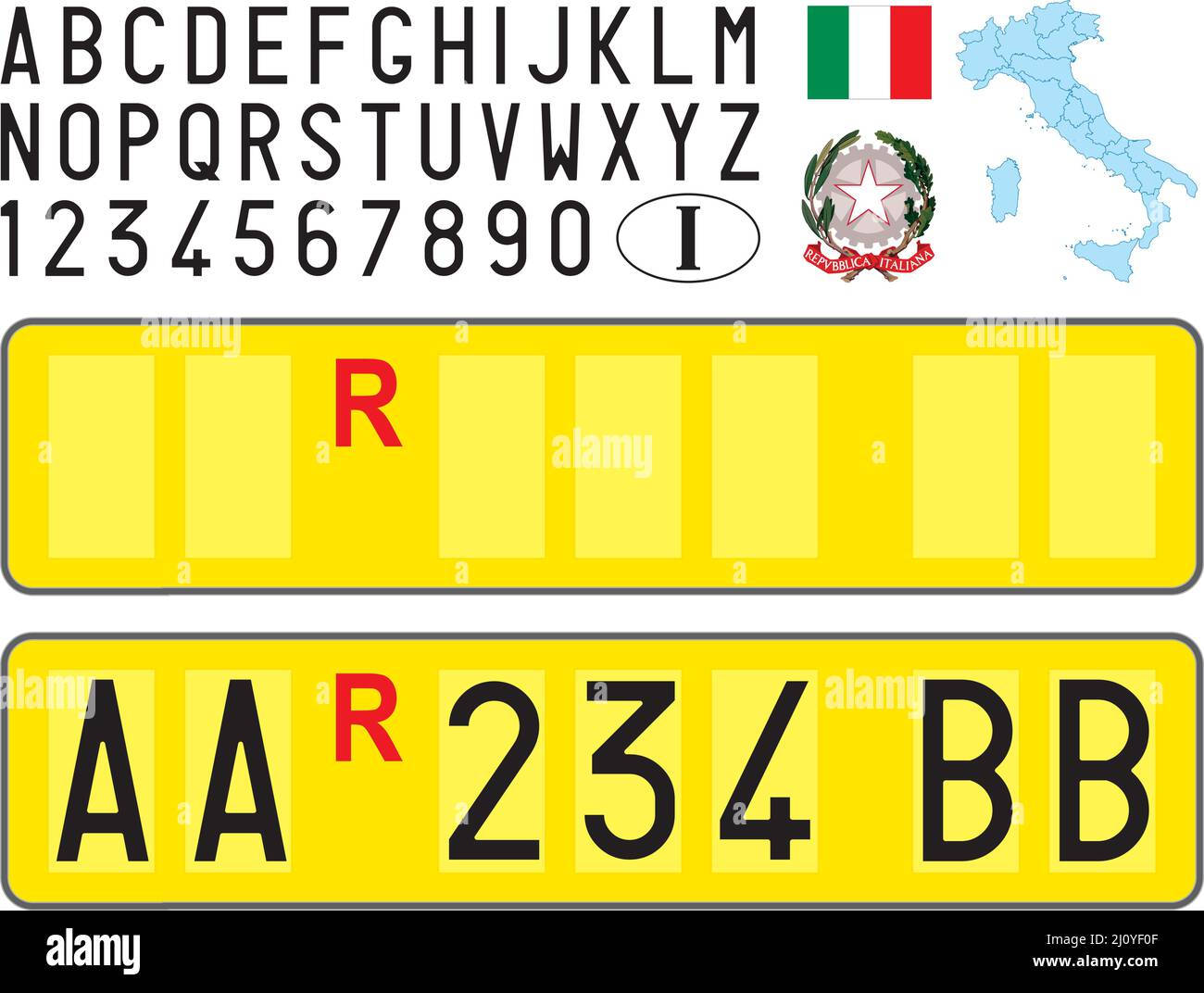 Placa amarilla italiana especial para remolques y camiones articulados para transporte pesado con letras, números y símbolos, Italia, ilustración vectorial Ilustración del Vector