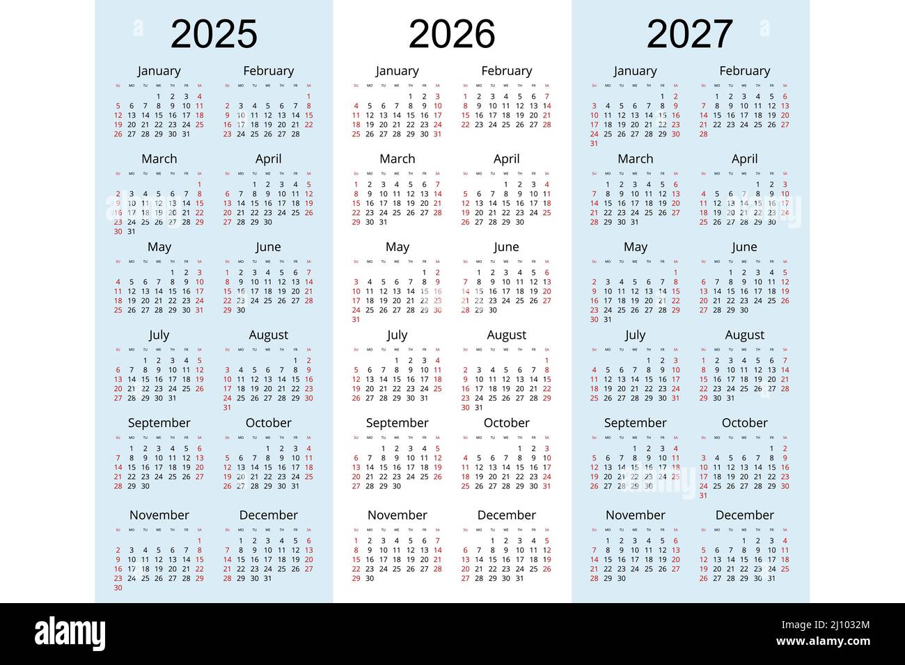 Planificador de calendario 2025, 2026, 2027, Plantilla de planificación