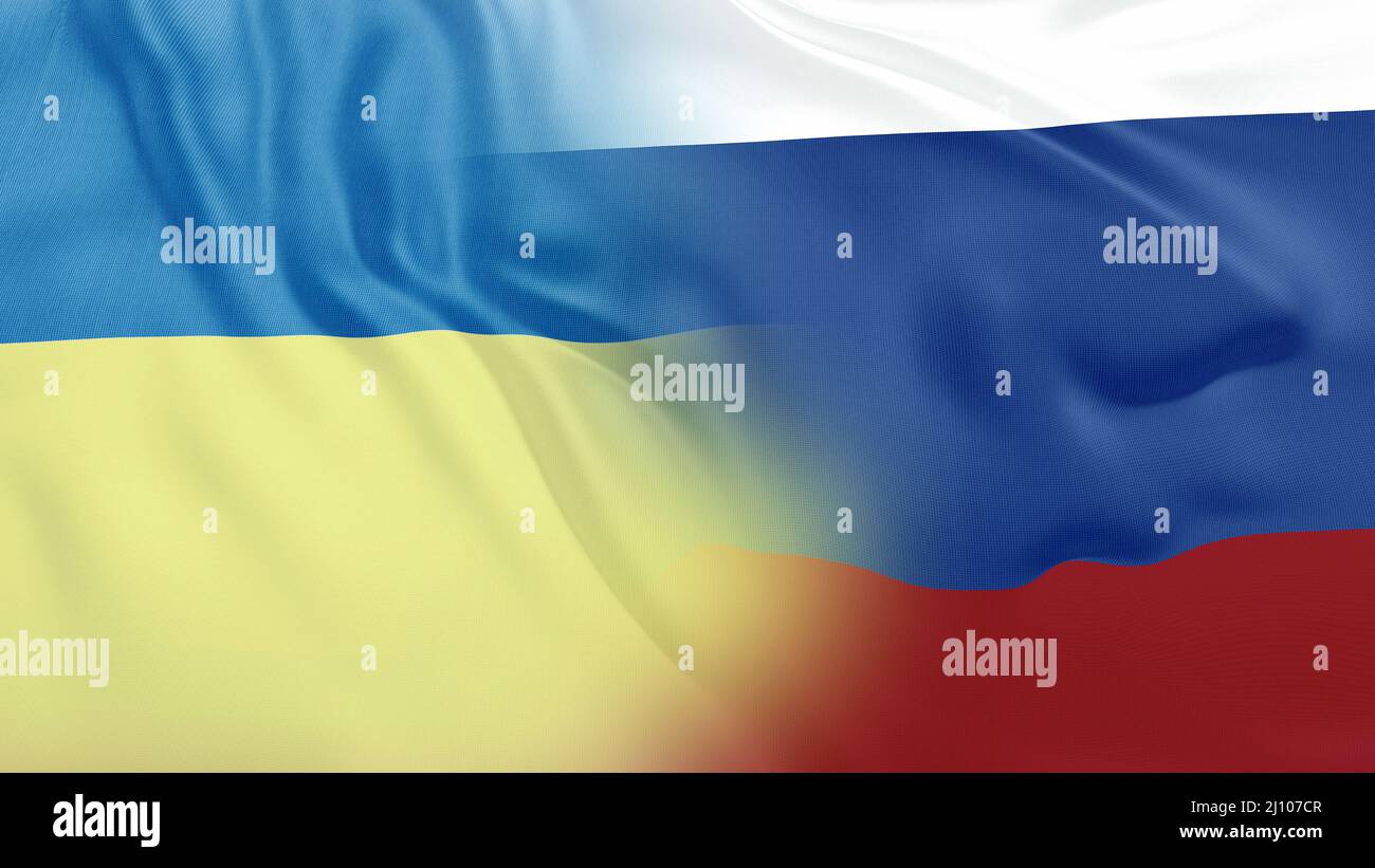 Ucrania y Rusia banderas ondeando. Concepto de paz entre Ucrania y Rusia. Ningún concepto de guerra Foto de stock