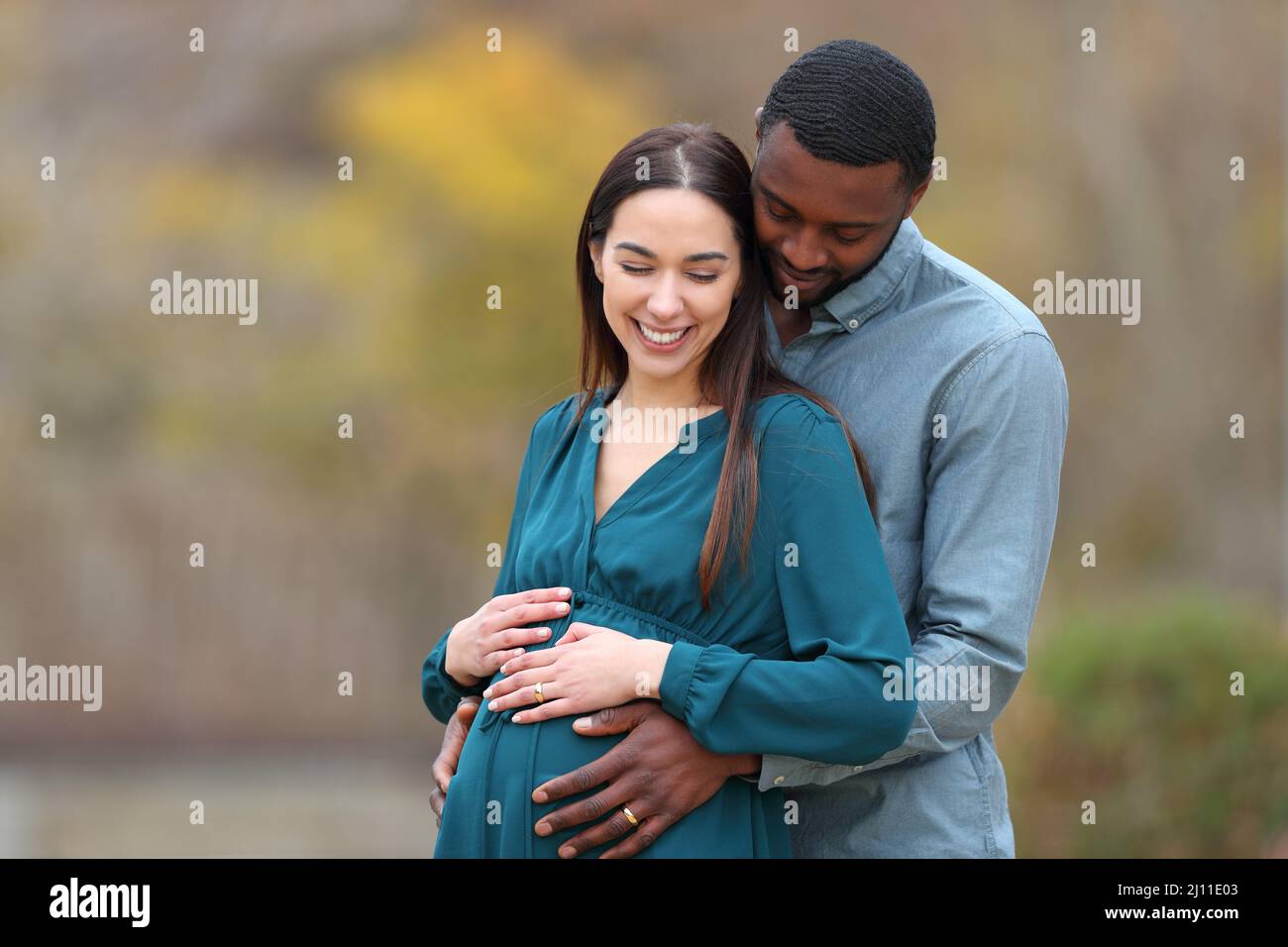 Feliz pareja interracial mirando el vientre embarazada en un parque Foto de stock