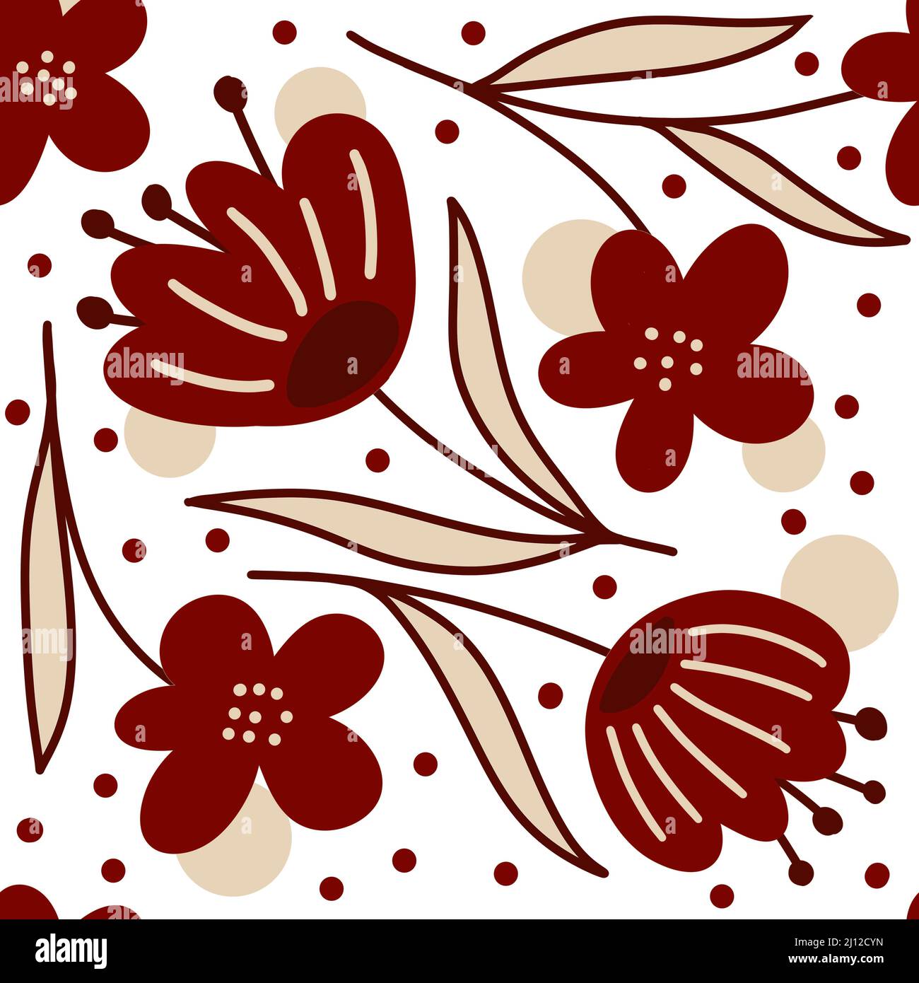 Diseño floral sin costuras dibujado a mano con flores marsala de borgoña  sobre fondo beige neutro. Elegante rojo negro blanco hojas pétalos florecen  para envolver papel textil. Verano otoño otoño otoño boda