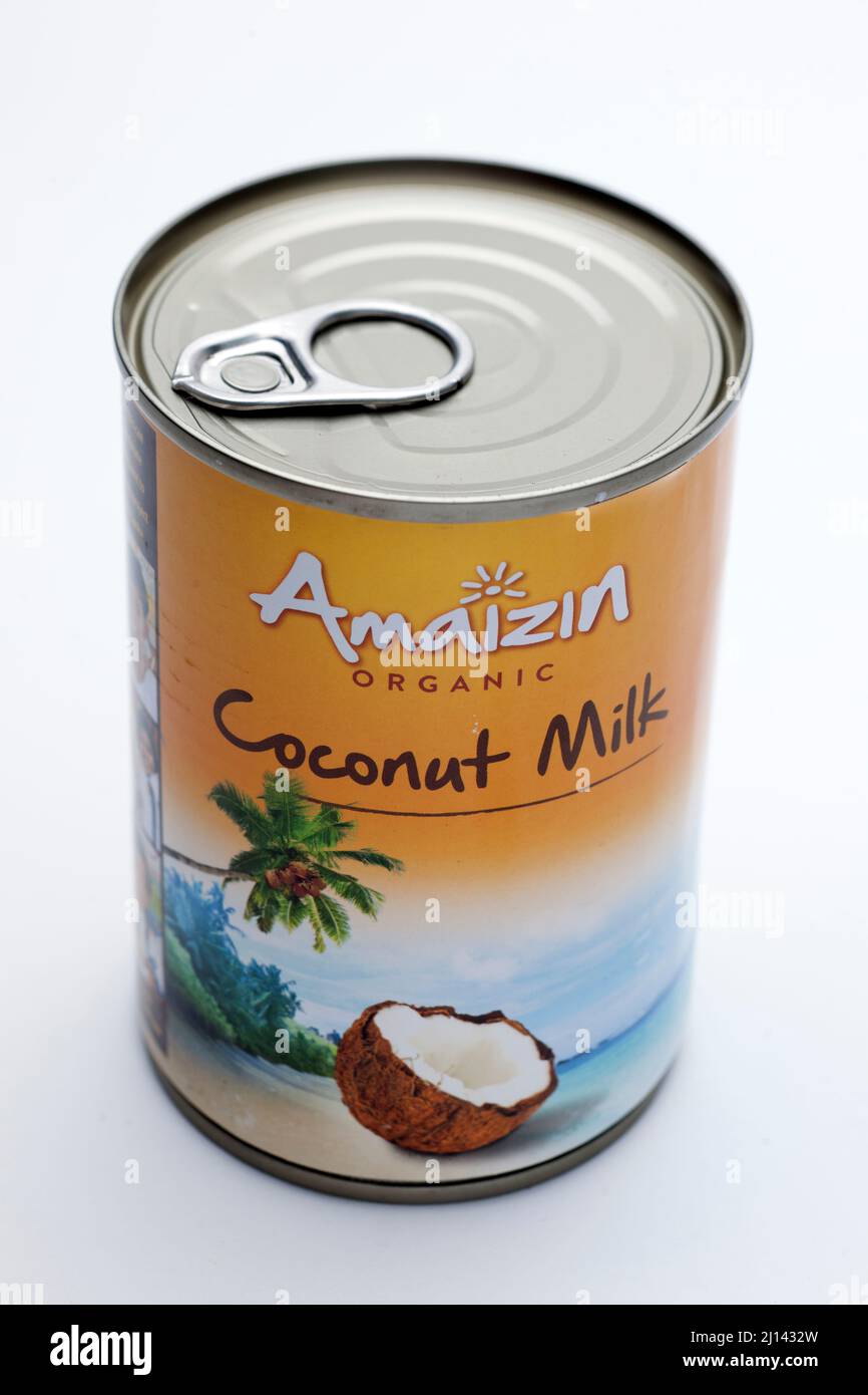 Estaño de amaizina de leche de coco orgánico Foto de stock