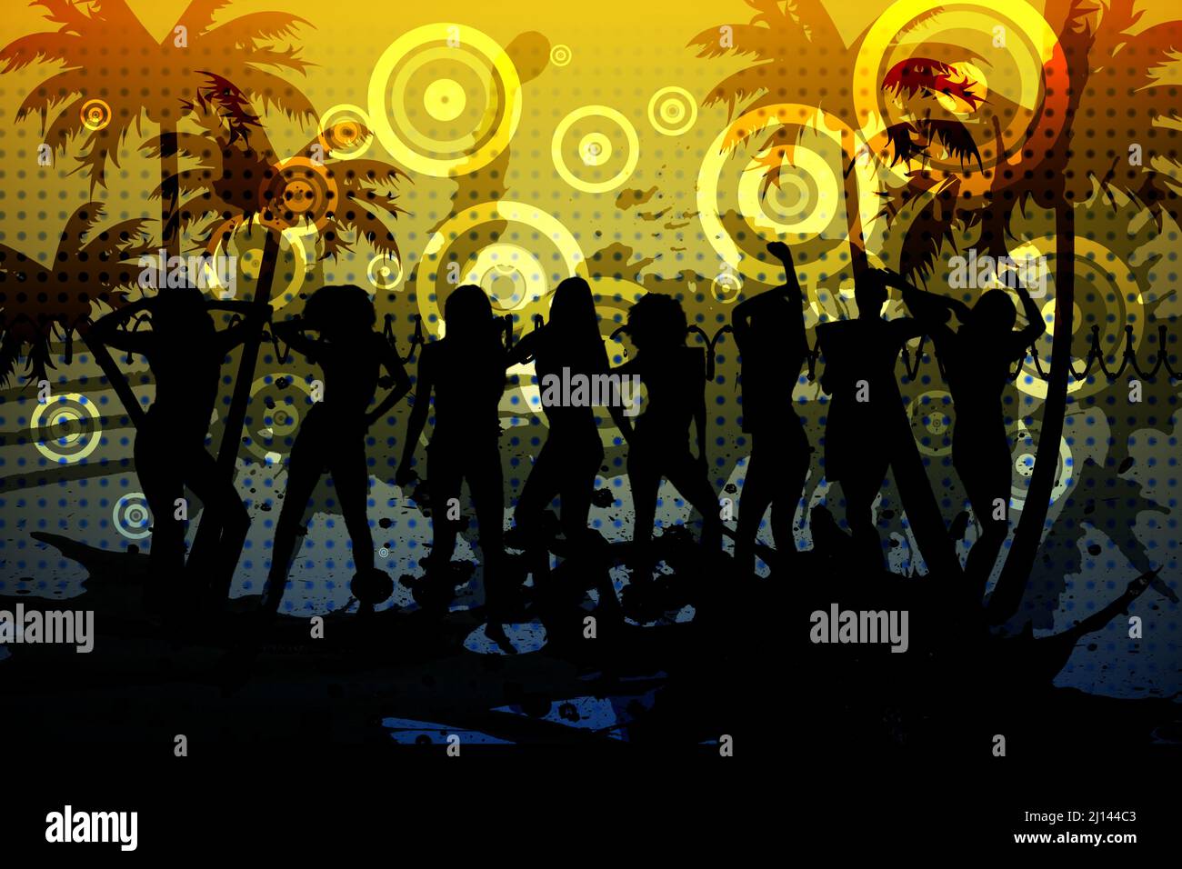 Silueta de gente bailando y palmeras sobre fondo amarillo Foto de stock