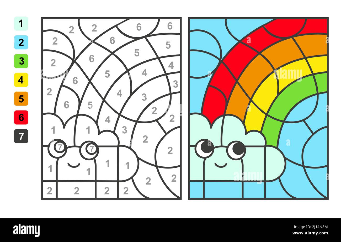 Color por números arco iris y nubes. Juego de rompecabezas para la  educación de los niños, colores para dibujar y aprender matemáticas Imagen  Vector de stock - Alamy