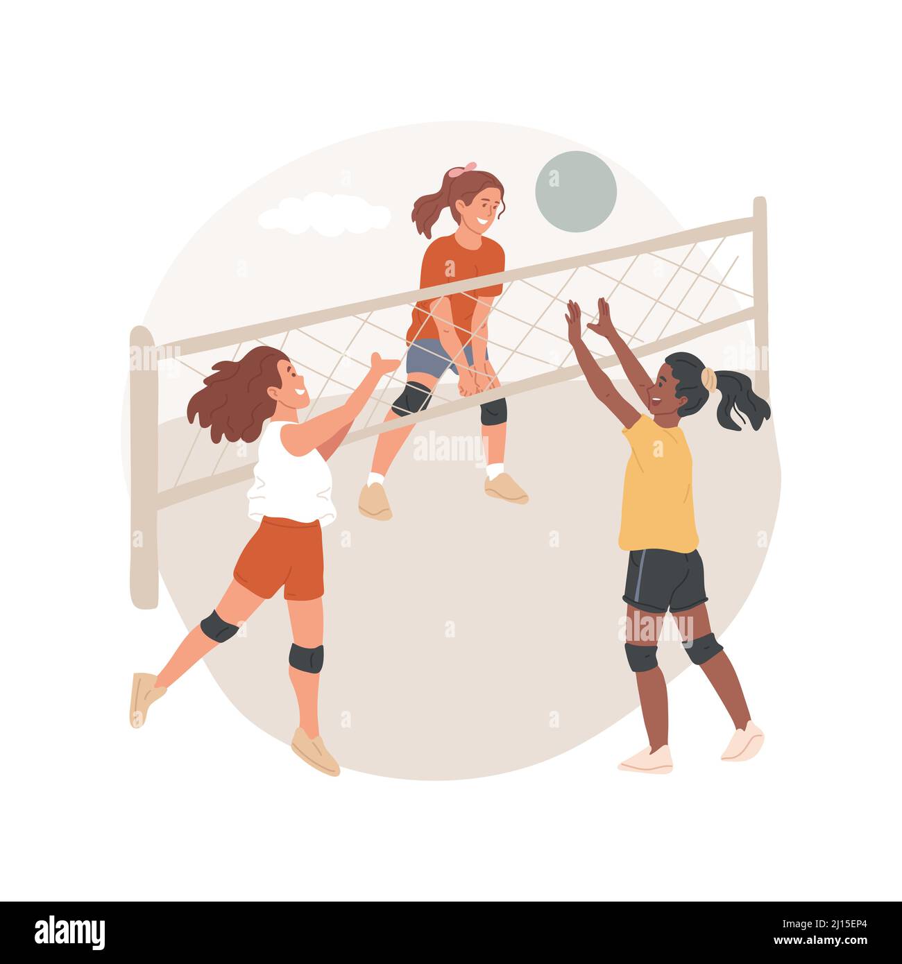 Campo de voleibol ilustración aislada de vectores de dibujos animados.  Campamento de verano de voleibol, programa de PA día, juego competitivo,  ejercicio físico al aire libre, centro de guardería, caricatura vectorial  del