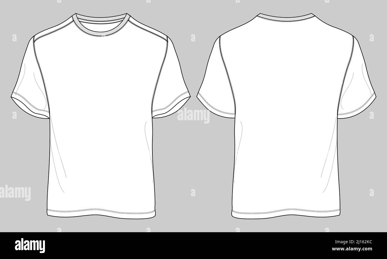 Camiseta de manga corta de ajuste normal con diseño de boceto de moda  Plantilla plana con escote redondo Vista frontal y trasera. Dibujo de  Vector de Arte de Ropa Ilustrado Imagen Vector