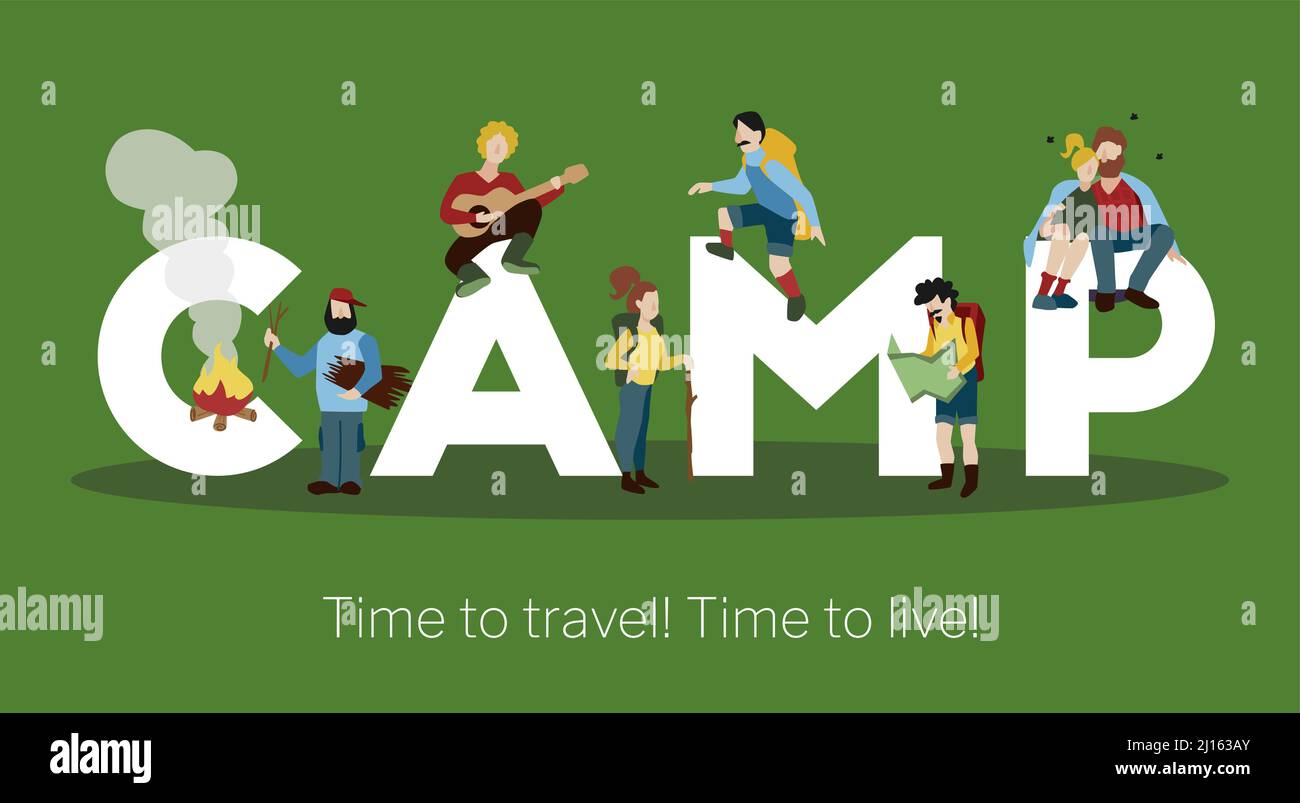 Campamento grande blanco letras verde de fondo tiempo para viajar título  cartel de cabecera con personas de senderismo ilustración vectorial Imagen  Vector de stock - Alamy